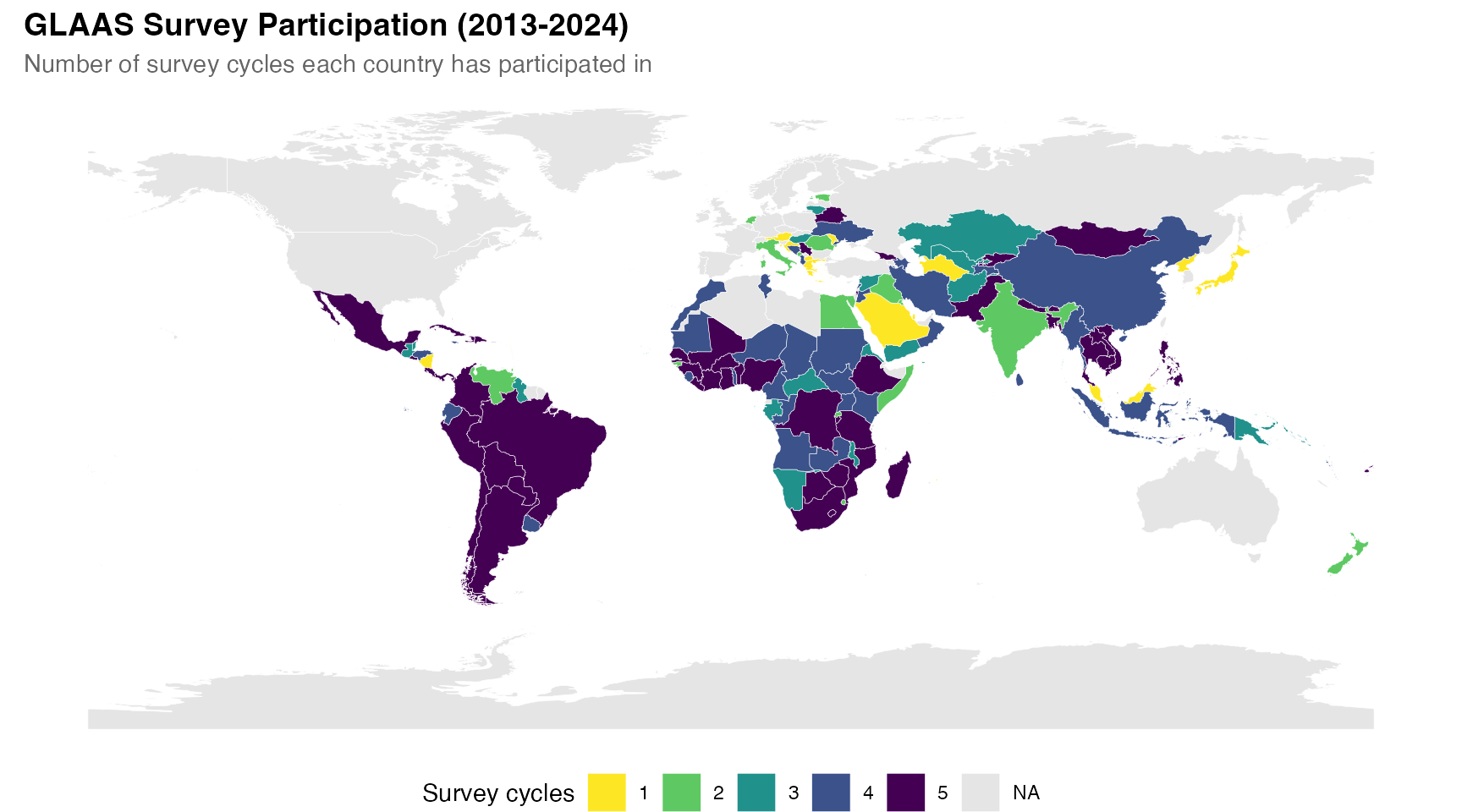 World map showing GLAAS survey participation from 2013-2024 with colors indicating number of cycles each country participated in