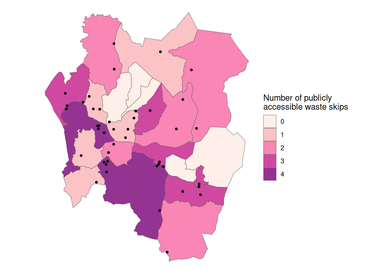 Wards coloured according to the number of waste skips that they have within their boundaries.