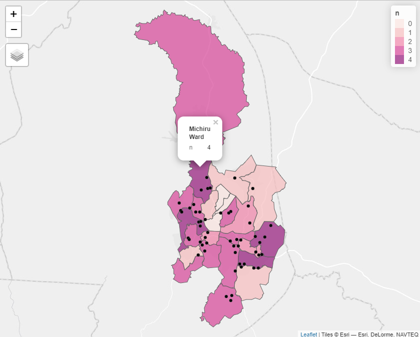 Wards coulered according to the number of waste skips that they have within their boundaries.